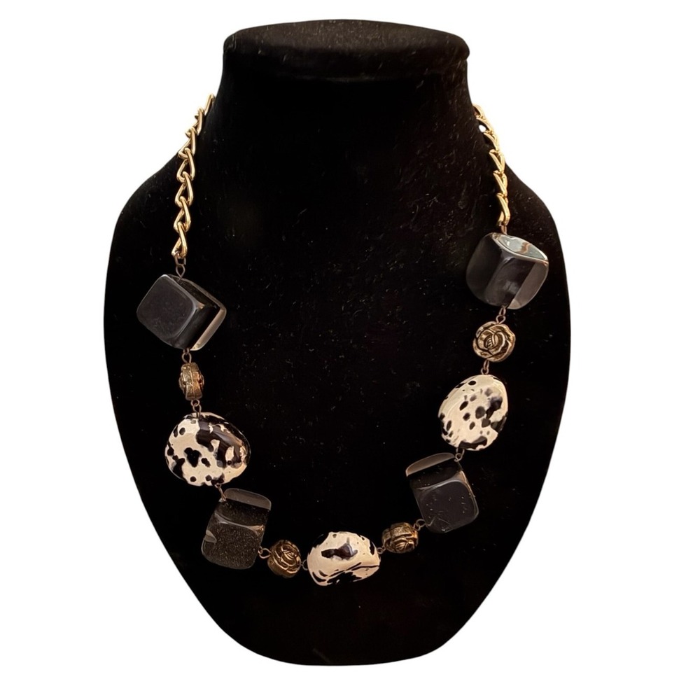 Black Cream Gold 12in Chunky Beaded Necklace Artsy European Maximalist Rose